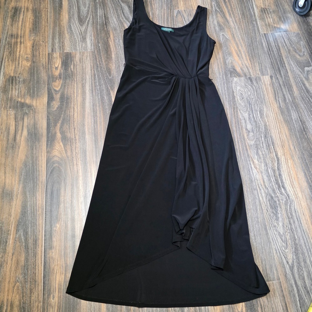 Lauren Ralph Lauren Black High-Low Gown Sleeveless Draped Twist Dress Womens 8